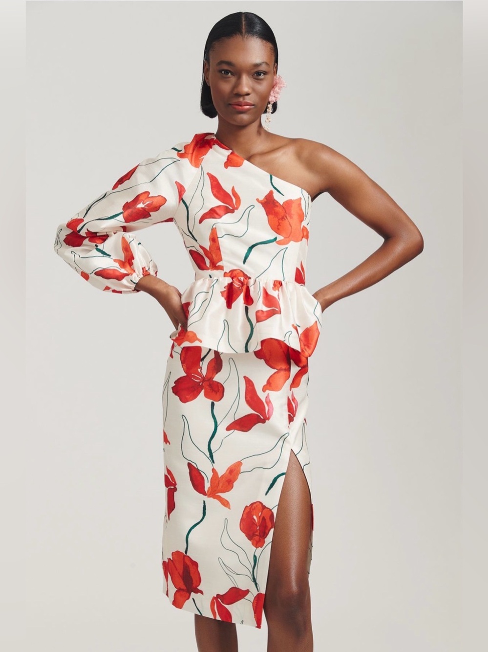 NWT Hutch Anthropologie One Shoulder Floral Peplum Midi Dress Size 14